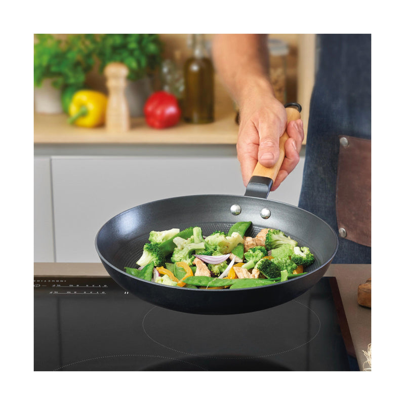 Wok En Fonte Structure Nid D'Abeille Avec Poignées En Bois - Noir