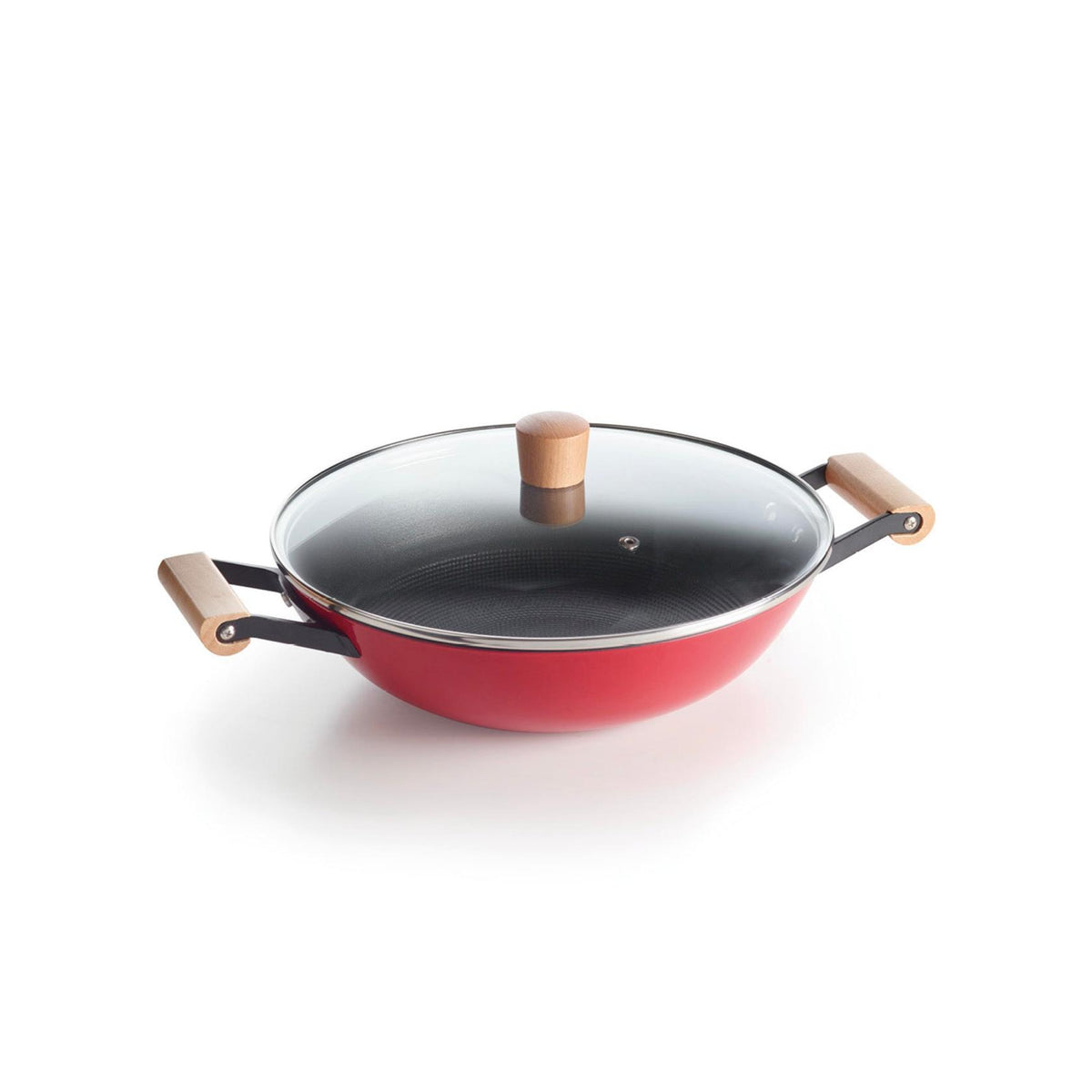 Wok En Fonte Structure Nid D'Abeille Avec Poignées En Bois - Rouge