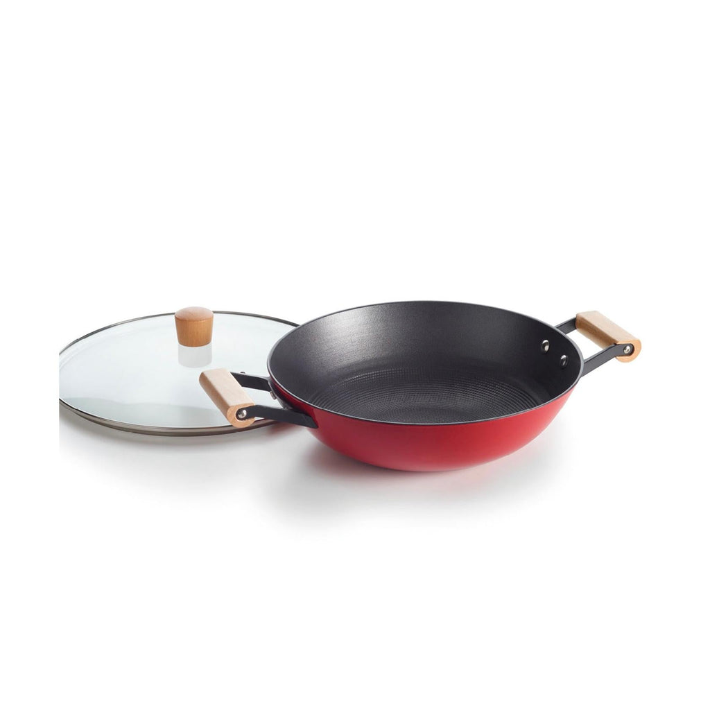 Wok De Hierro Fundido Estructura Panal De Abeja Con Asas De Madera - Rojo