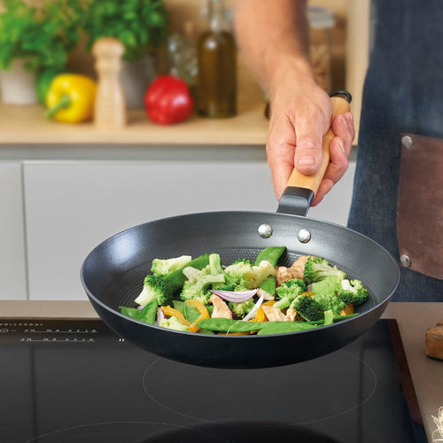 Wok En Fonte Structure Nid D'Abeille 30 Cm Avec Poignées En Bois - Rouge