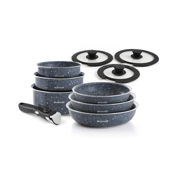 Stackable Cookware Set with Removable Handle, 10 Pieces - Grey Marble