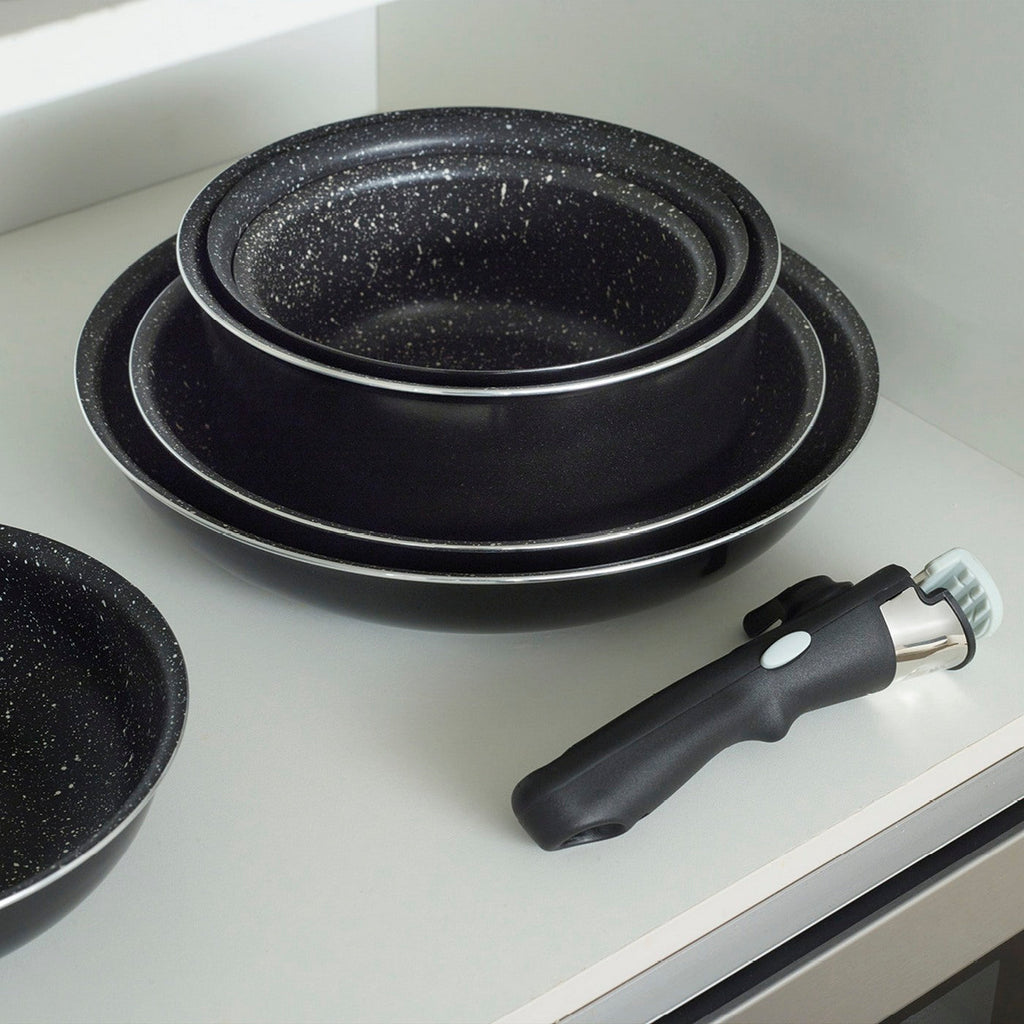 Set De 3 Poêles + 3 Casseroles + 3 Couvercles + 3 Couvercles Hermétiques + Marmite Avec Couvercle + 2 Poignées Amovibles - Noir