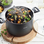 Set De 3 Poêles + 3 Casseroles + 3 Couvercles + 3 Couvercles Hermétiques + Marmite Avec Couvercle + 2 Poignées Amovibles - Noir