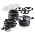 Set De 3 Poêles + 3 Casseroles + 3 Couvercles + 3 Couvercles Hermétiques + Marmite Avec Couvercle + 2 Poignées Amovibles - Noir