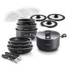 Set De 3 Poêles + 3 Casseroles + 3 Couvercles + 3 Couvercles Hermétiques + Marmite Avec Couvercle + 2 Poignées Amovibles - Noir