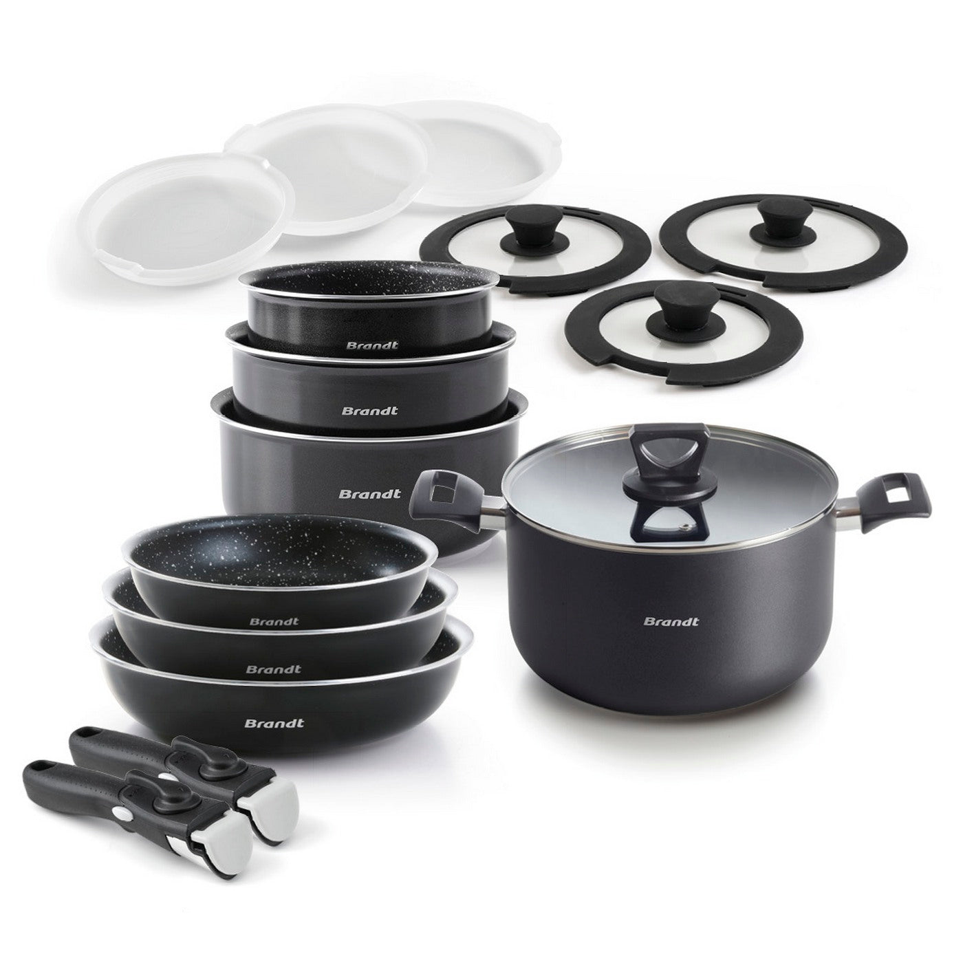 Set De 3 Poêles + 3 Casseroles + 3 Couvercles + 3 Couvercles Hermétiques + Marmite Avec Couvercle + 2 Poignées Amovibles - Noir