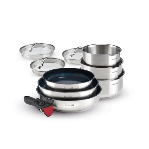 Set De 3 Casseroles En Inox + 3 Poêles Avec Revêtement Anti-Adhérent + 1 Poignée Amovible + 3 Couvercles Passoires Avec Manche En Inox - Argenté/Noir/Rouge