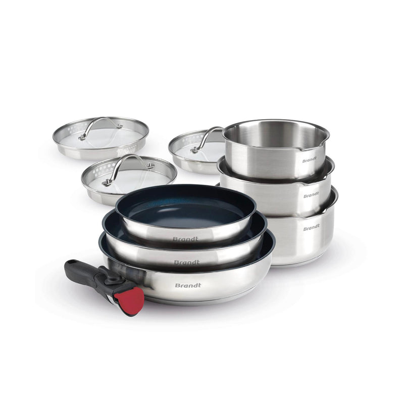 Set De 3 Casseroles En Inox + 3 Poêles Avec Revêtement Anti-Adhérent + 1 Poignée Amovible + 3 Couvercles Passoires Avec Manche En Inox - Argenté/Noir/Rouge