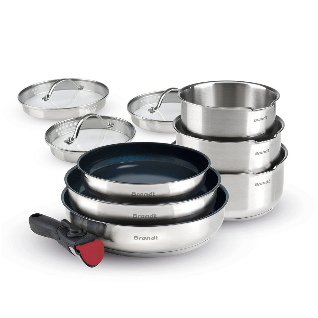 Set De 3 Casseroles En Inox + 3 Poêles Avec Revêtement Anti-Adhérent + 1 Poignée Amovible + 3 Couvercles Passoires Avec Manche En Inox - Argenté / Noir / Rouge