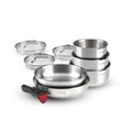 Set di 3 pentolini in acciaio inox + 2 padelle + 1 manico rimovibile + 3 coperchi scolapasta con impugnatura in acciaio inox - Argento/Nero/Rosso