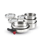 Set di 3 pentolini in acciaio inox + 2 padelle + 1 manico rimovibile + 3 coperchi scolapasta con impugnatura in acciaio inox - Argento/Nero/Rosso