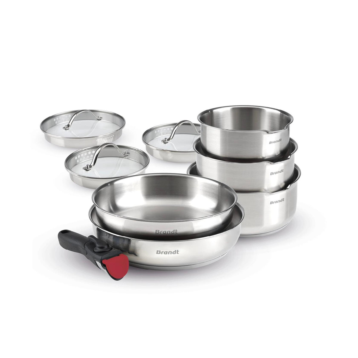 Set di 3 pentolini in acciaio inox + 2 padelle + 1 manico rimovibile + 3 coperchi scolapasta con impugnatura in acciaio inox - Argento/Nero/Rosso