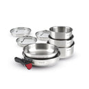 Set De 3 Casseroles En Inox + 2 Poêles + 1 Poignée Amovible + 3 Couvercles Passoires Avec Manche En Inox - Argenté/Noir/Rouge