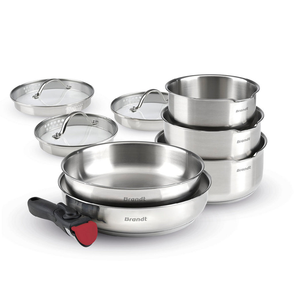 Set De 3 Casseroles En Inox + 2 Poêles + 1 Poignée Amovible + 3 Couvercles Passoires Avec Manche En Inox - Argenté / Noir / Rouge