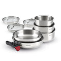 Set De 3 Casseroles En Inox + 2 Poêles + 1 Poignée Amovible + 3 Couvercles Passoires Avec Manche En Inox - Argenté / Noir / Rouge
