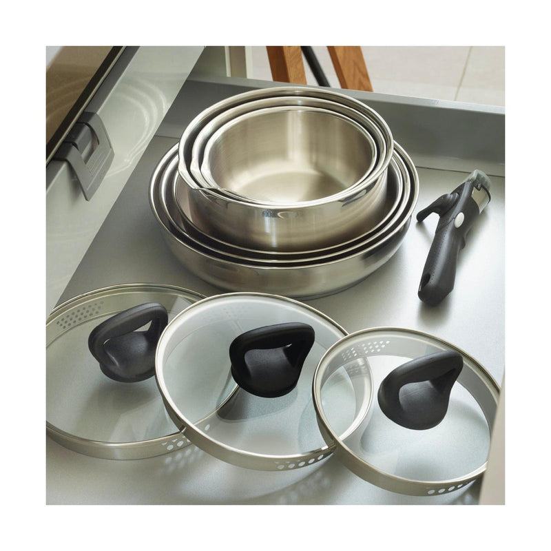Set De 3 Casseroles En Inox + 2 Poêles + 1 Poignée Amovible + 3 Couvercles Passoires Avec Manche En Inox - Argenté/Noir/Rouge