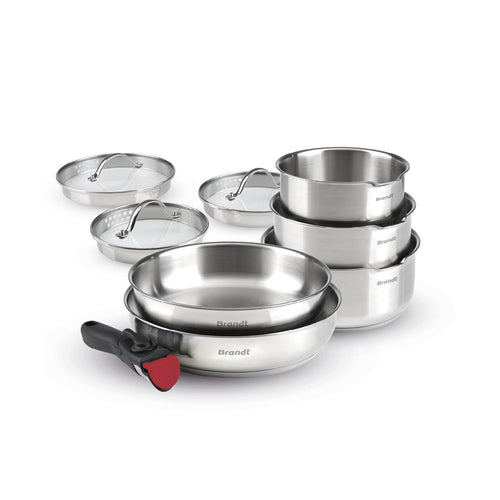 Set De 3 Casseroles En Inox + 2 Poêles + 1 Poignée Amovible + 3 Couvercles Passoires Avec Manche En Inox - Argenté/Noir/Rouge