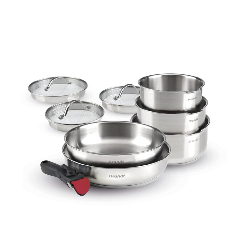 Set De 3 Casseroles En Inox + 2 Poêles + 1 Poignée Amovible + 3 Couvercles Passoires Avec Manche En Inox - Argenté/Noir/Rouge