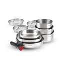 Set De 3 Casseroles En Inox + 3 Poêles + 1 Poignée Amovible + 3 Couvercles Passoires Avec Manche En Inox - Argenté/Noir/Rouge