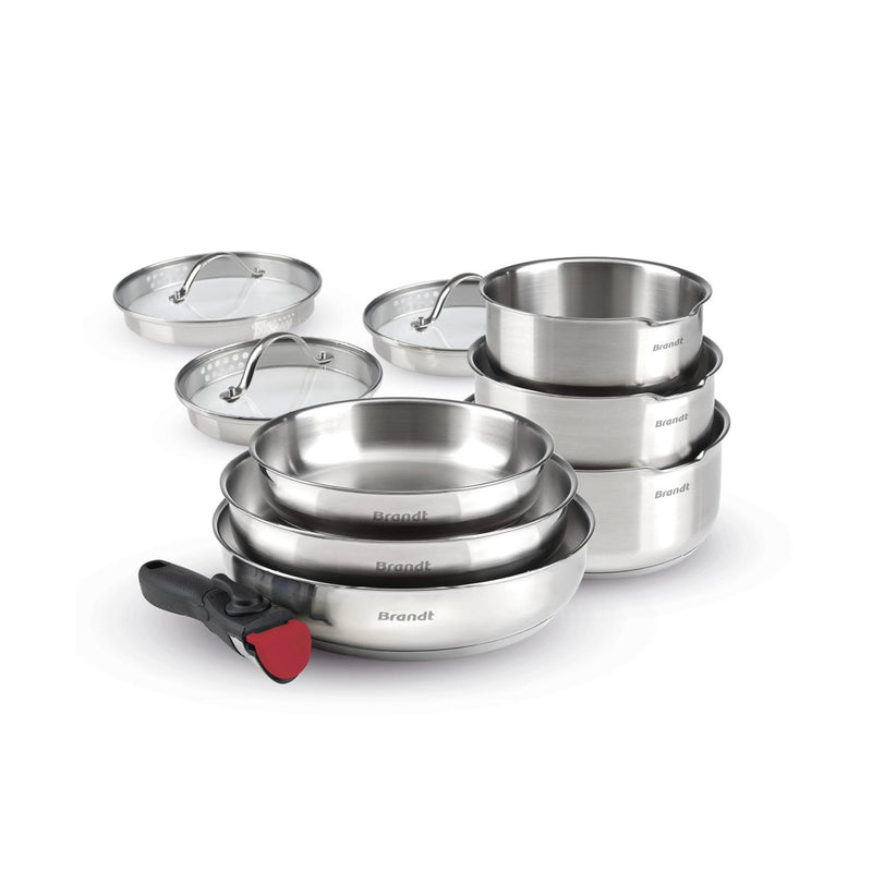 Set De 3 Casseroles En Inox + 3 Poêles + 1 Poignée Amovible + 3 Couvercles Passoires Avec Manche En Inox - Argenté/Noir/Rouge