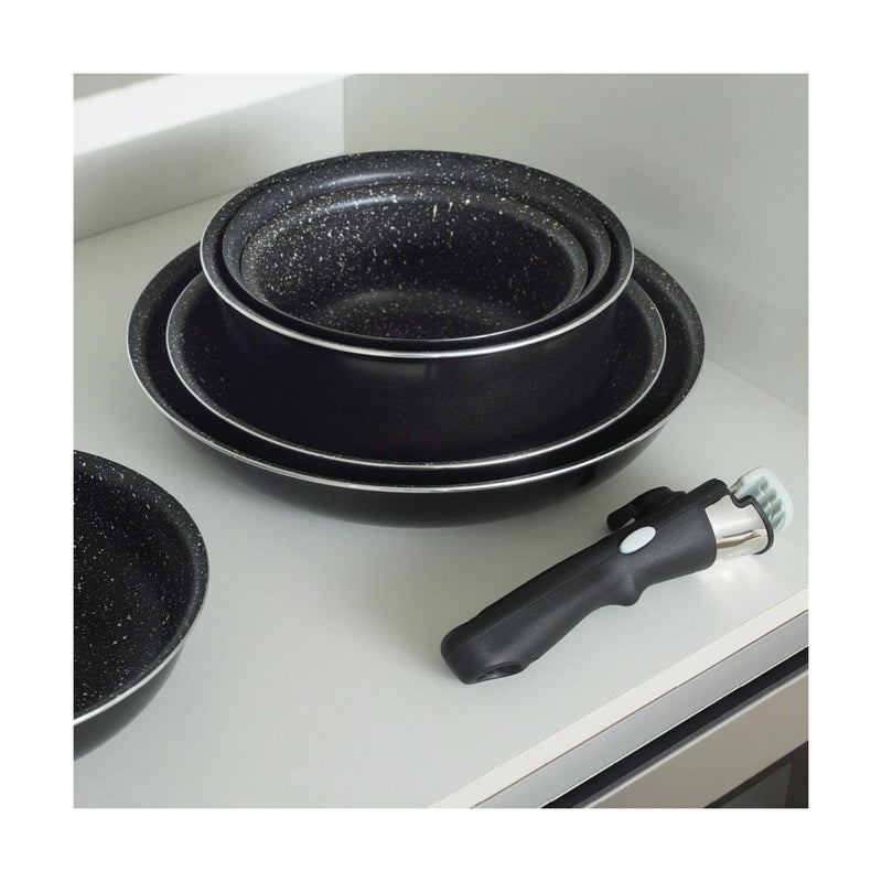 Set De 3 Poêles + 3 Casseroles + 3 Couvercles + 1 Poignée Amovible - Diamant Perlé