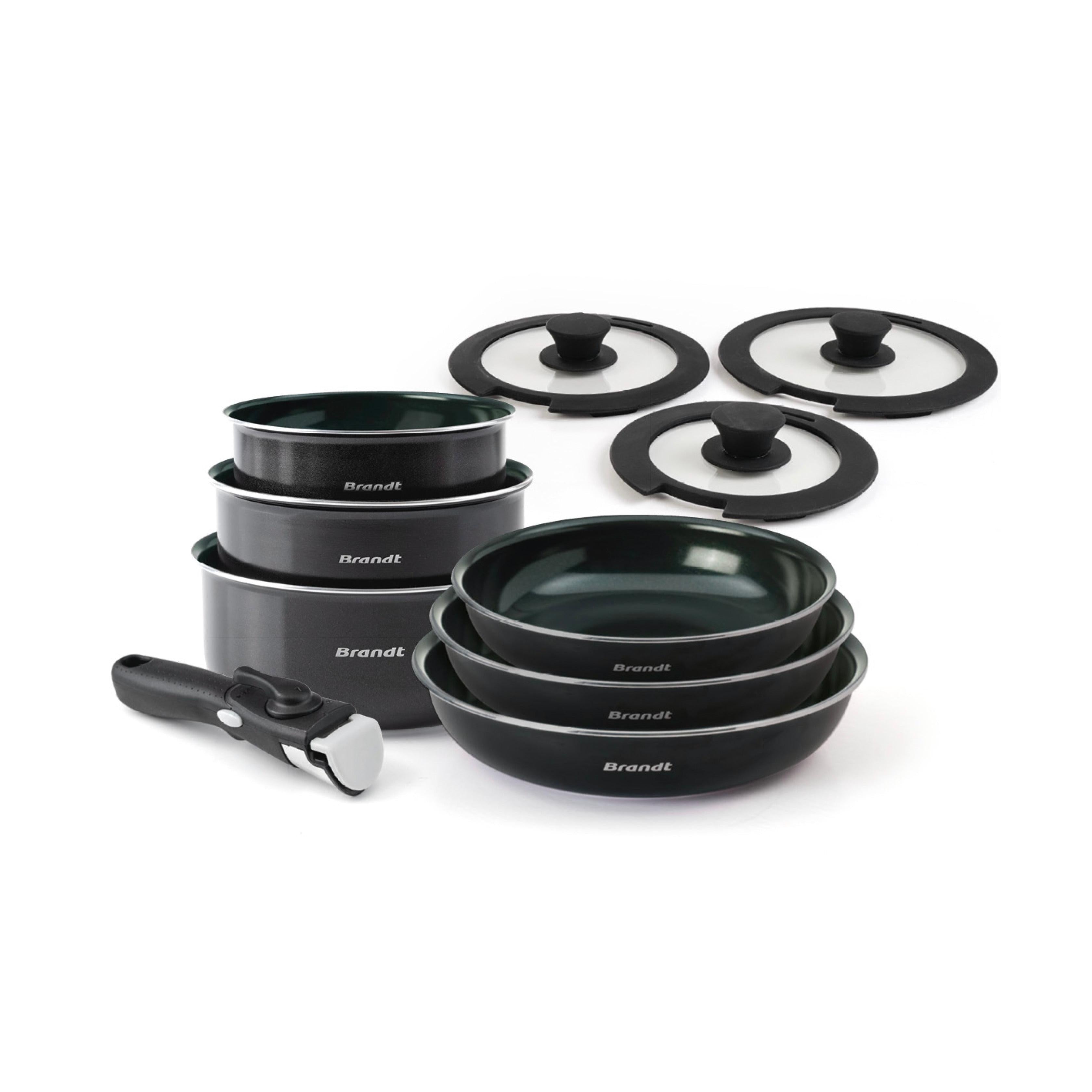 Set of 3 Frying Pans + 3 Saucepans + 3 Lids + 1 Detachable Handle - Diamant Perlé