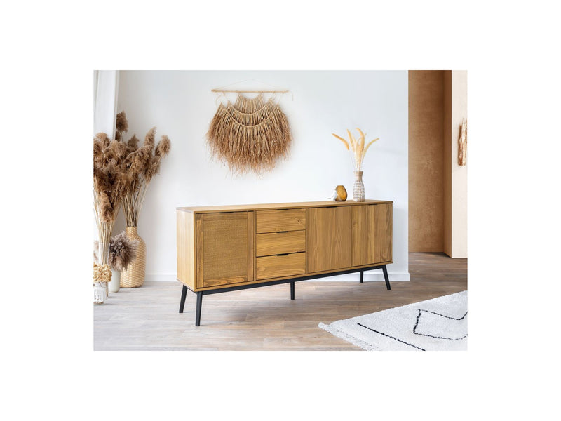 Albi - Buffet 3 Portes - Bois Massif Et Rotin