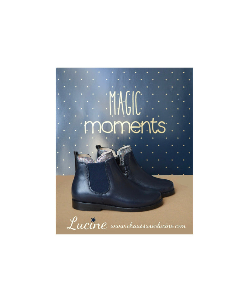 Bottines Resistantes Fille - Cuir Bleu Marine Col Paillettes - Fille