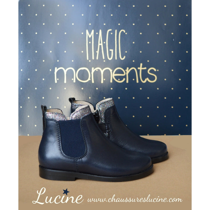 Boots Bottines Resistantes Fille - Cuir Bleu Marine Col Paillettes - Fille