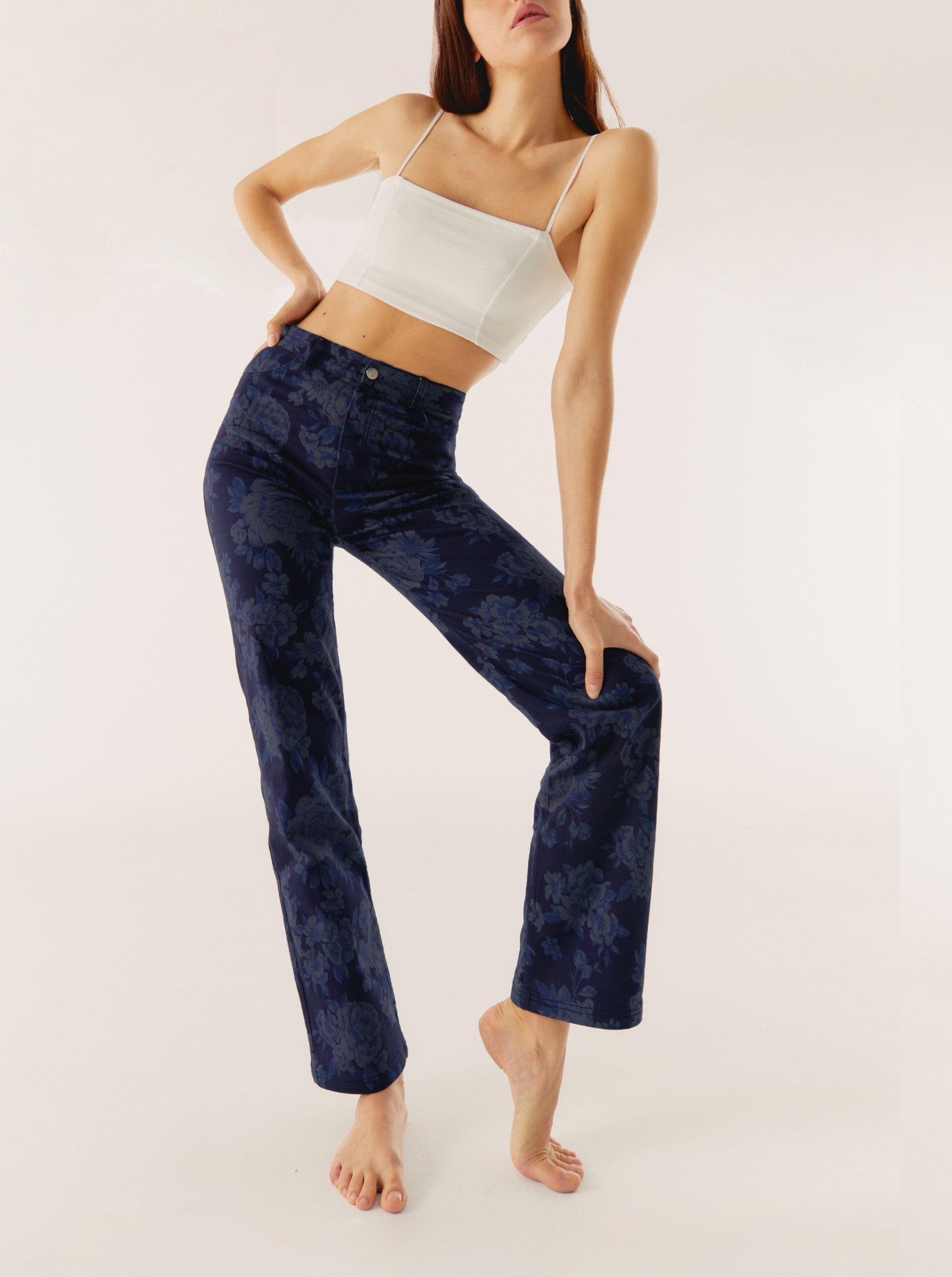 Pantalon Navy Faded Flowers Taille Haute