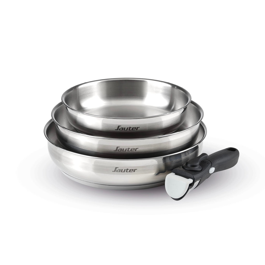Juego de 3 sartenes de acero inoxidable con mango extraíble - Plata