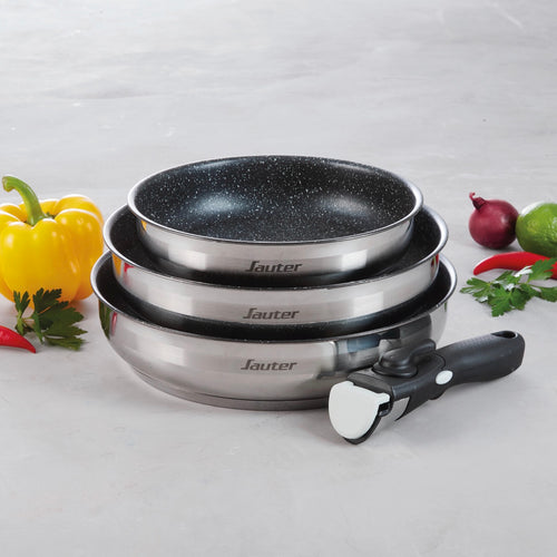 Set De 3 Poêles En Inox Revêtement Anti-Adhérent Avec Poignée Amovible - Argenté/Noir