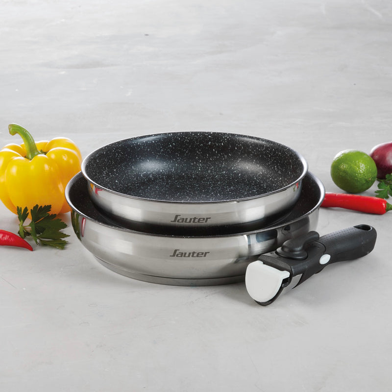 Set De 2 Poêles En Inox Revêtement Anti-Adhérent Avec Poignée Amovible - Argenté/Noir