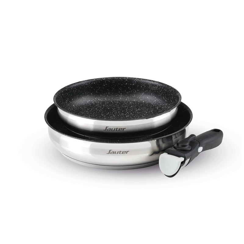 Set De 2 Poêles En Inox Revêtement Anti-Adhérent Avec Poignée Amovible - Argenté/Noir