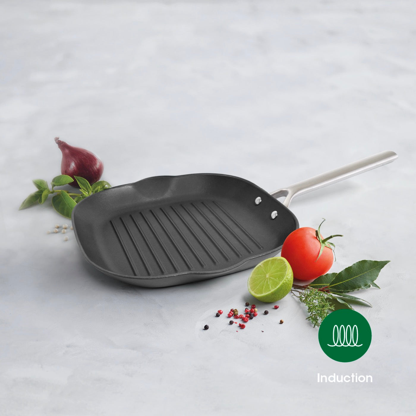 Parrilla de hierro fundido con estructura de panal y mango de acero inoxidable - Negro - 28 cm