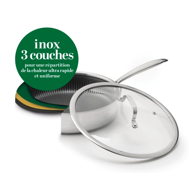 Sauteuse En Acier Inoxydable Triply Revêtement Nid D'Abeille Anti-Adhésif - Multinox Pro - Argenté - 24cm