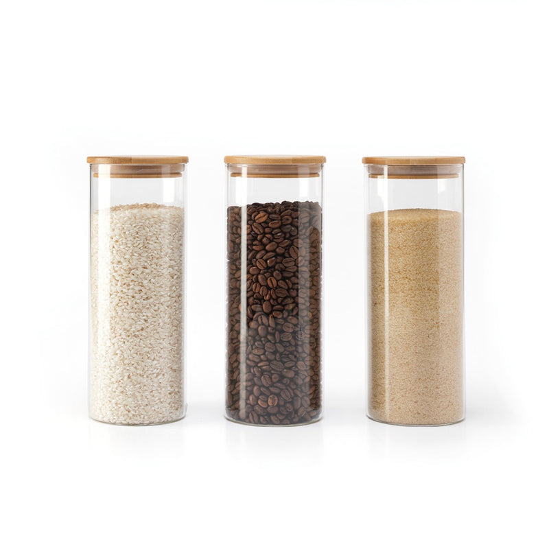 Set De 3 Bocaux En Verre Ronds Avec Couvercles En Bambou - Transparent