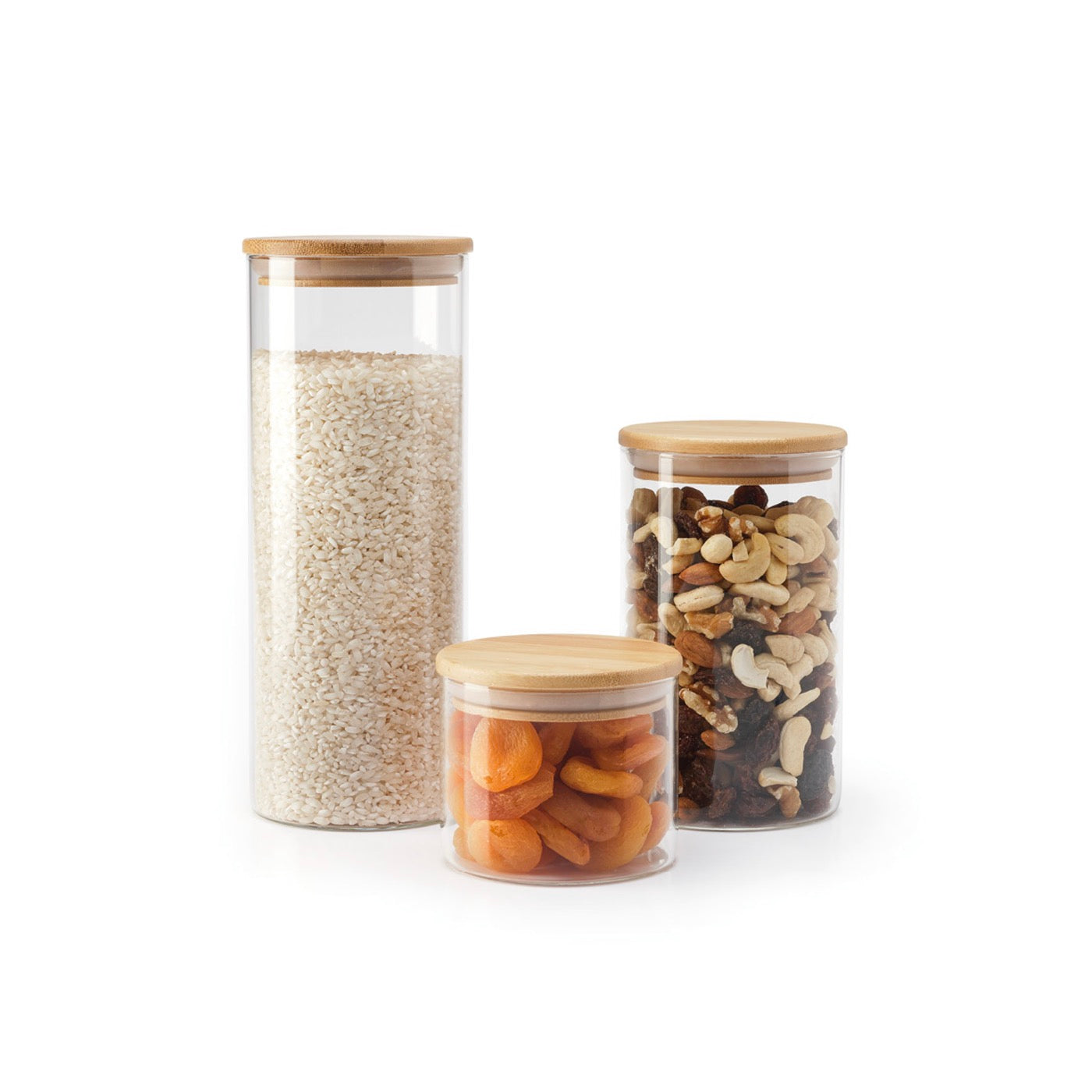 Set De 3 Tarros De Vidrio Redondos Con Tapas De Bambú - Transparente