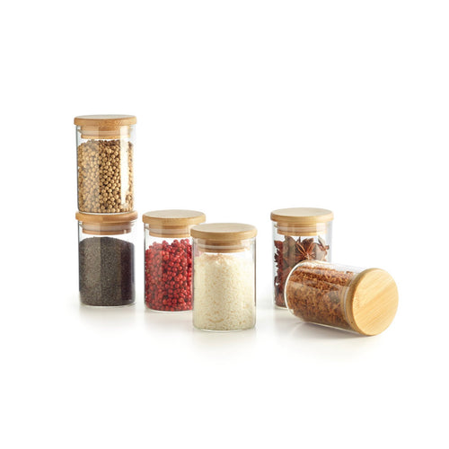 Set De 6 Petits Pots À Épices En Verre Avec Couvercles En Bambou - Transparent