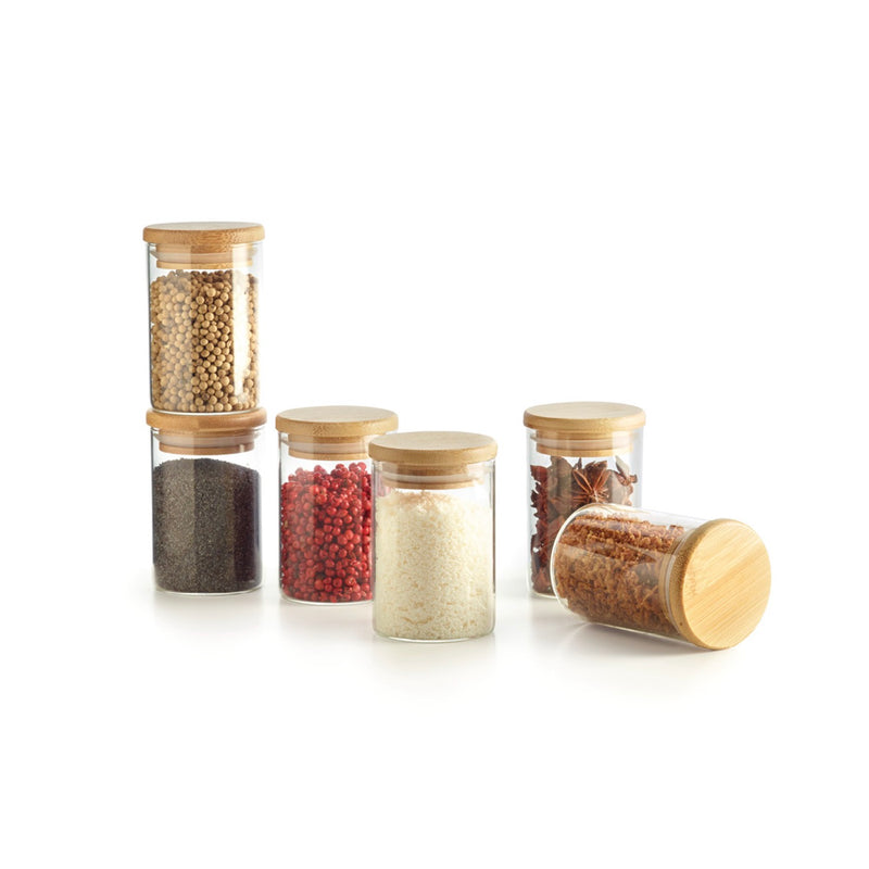 Set De 6 Petits Pots À Épices En Verre Avec Couvercles En Bambou - Transparent