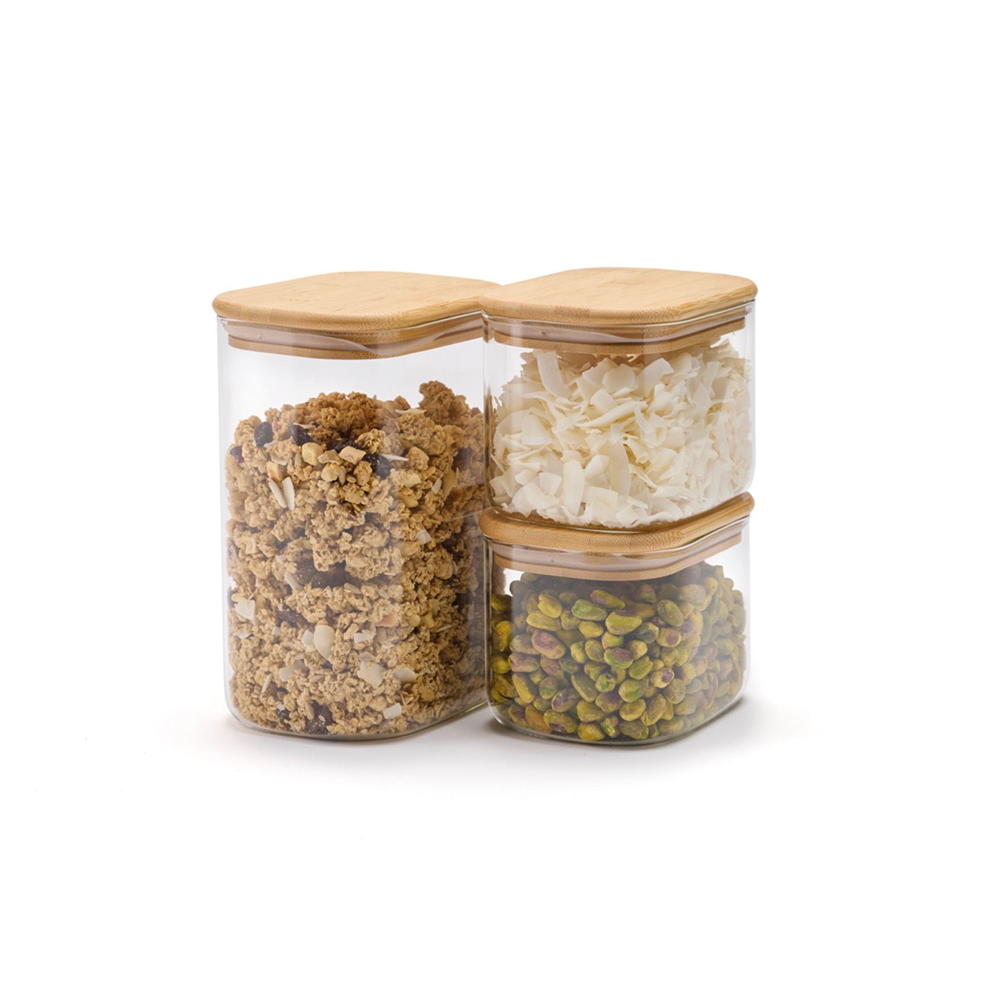 Set De 3 Bocaux En Verre Avec Couvercles En Bambou - Transparent