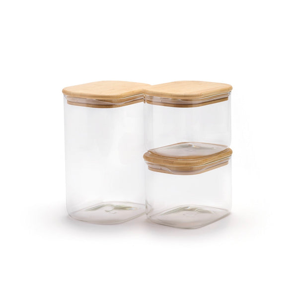 Set De 3 Tarros De Vidrio Con Tapas De Bambú - Transparente