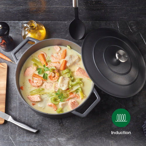 Batterie De Cuisine Empilable En Fonte 4 Pièces (Cocotte + Sauteuse + Poêle Grill) + 4 Protections En Silicone - Noir