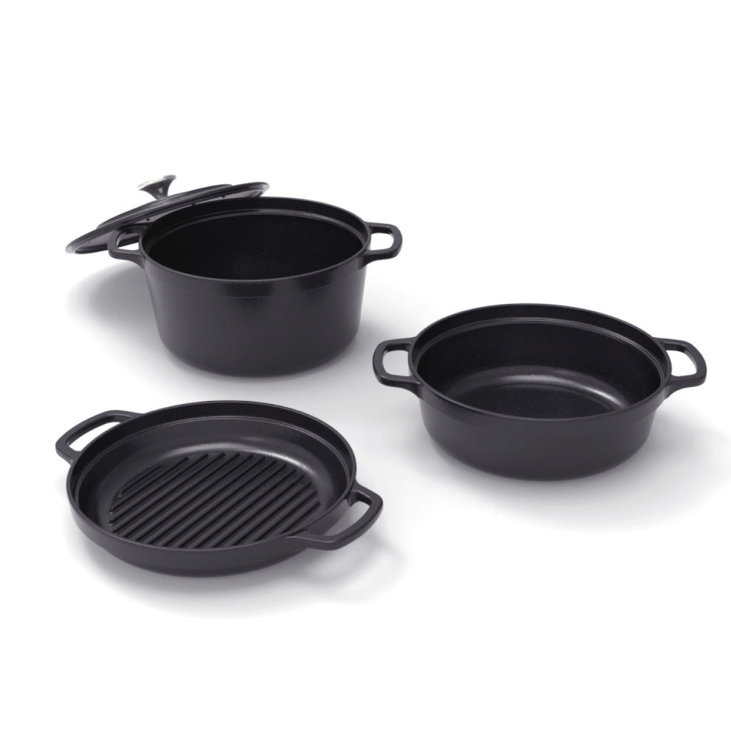 Batería de Cocina Apilable de Hierro Fundido 4 Piezas (Cazuela + Sartén + Sartén Grill) + 4 Protecciones de Silicona - Negro