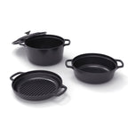 Batería de Cocina Apilable de Hierro Fundido 4 Piezas (Cazuela + Sartén + Sartén Grill) + 4 Protecciones de Silicona - Negro