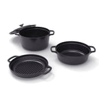 Batería de cocina apilable de hierro fundido de 4 piezas (cocotte + cazo bajo + sartén grill) + 4 protectores de silicona - Negro