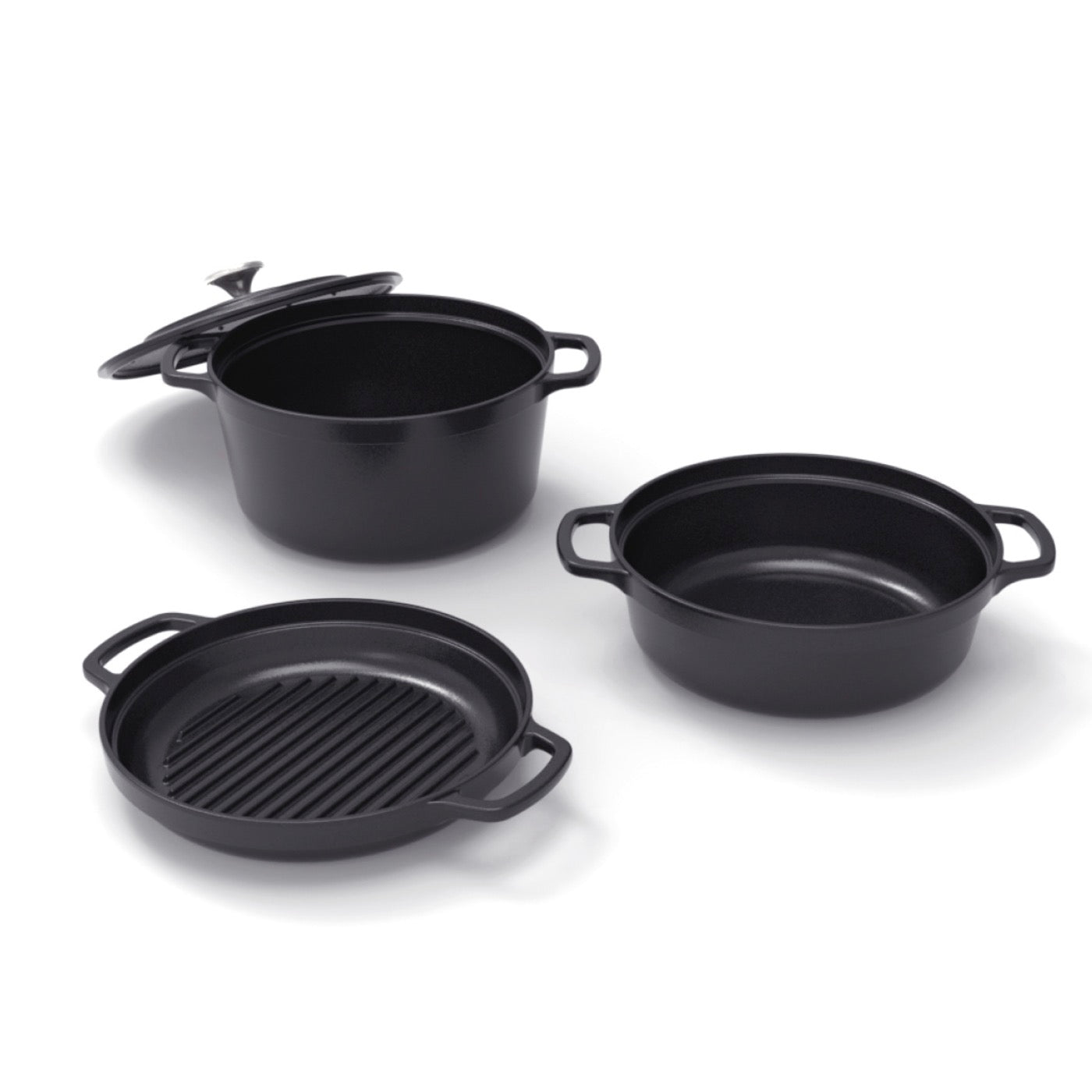 Batería de cocina apilable de hierro fundido de 4 piezas (cocotte + cazo bajo + sartén grill) + 4 protectores de silicona - Negro