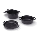 Batterie De Cuisine Empilable En Fonte 4 Pièces (Cocotte + Sauteuse + Poêle Grill) + 4 Protections En Silicone - Noir