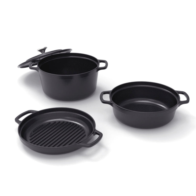 Batterie De Cuisine Empilable En Fonte 4 Pièces (Cocotte + Sauteuse + Poêle Grill) + 4 Protections En Silicone - Noir