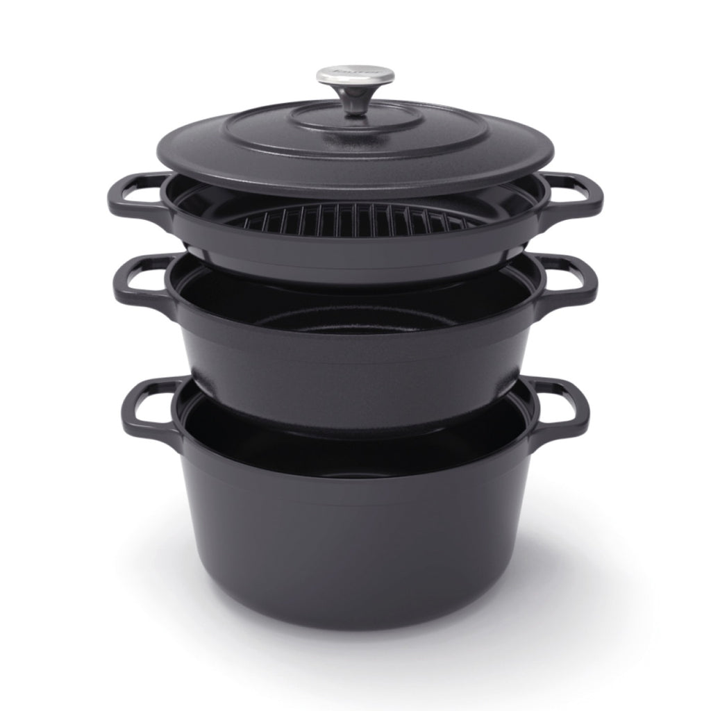Batería de Cocina Apilable de Hierro Fundido 4 Piezas (Cazuela + Sartén + Sartén Grill) + 4 Protecciones de Silicona - Negro